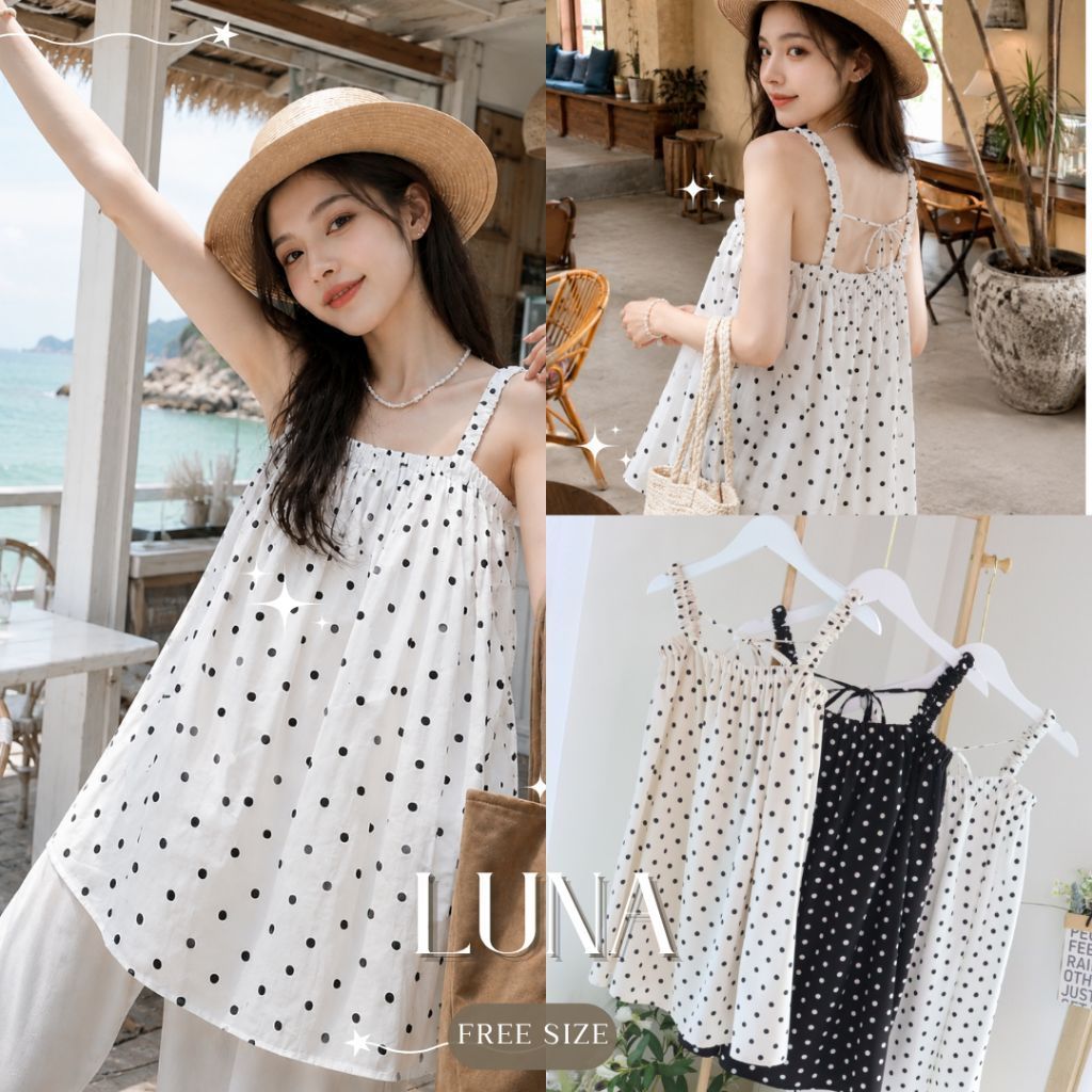 เสื้อสายเดี่ยวLuna ลายจุดPolkadotสายย่น ยืด ทรงน่ารักหวาน ๆ สไตล์เกาหลี