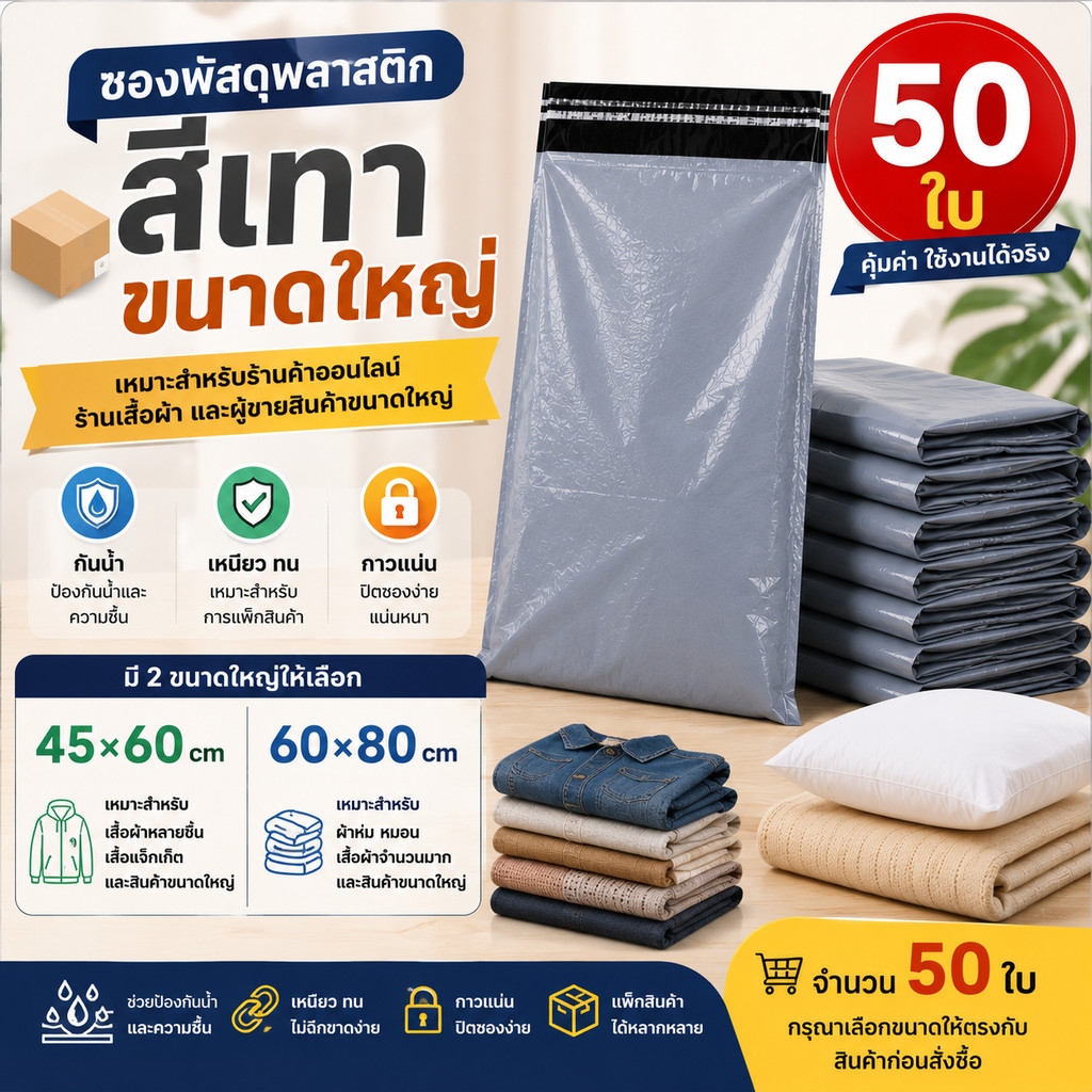 ซองพัสดุพลาสติกสีเทา 50 ใบ ขนาดใหญ่ 45×60 / 60×80 cm สำหรับแพ็กเสื้อผ้า