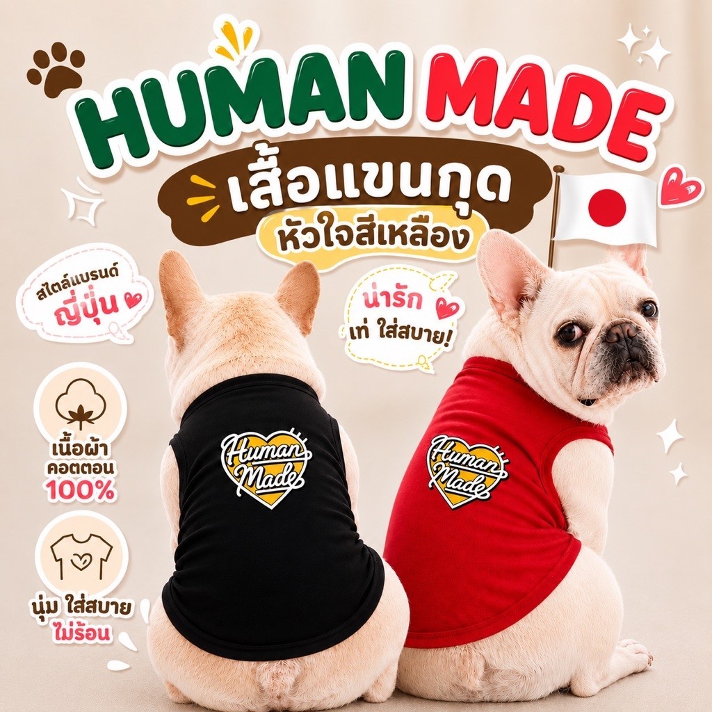 🇹🇭พร้อมส่ง🇯🇵 Human Made หัวใจเหลือง เสื้อหมา เสื้อแมว แบบแขนกุด เนื้อผ้า cotton 100%