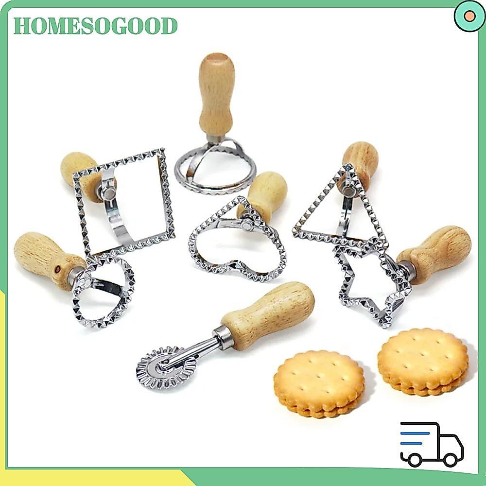 HOMESOGOOD Ravioli Maker Mold, Baking Tool Dumpling Lace Pastry Press Mold, Wooden Handle Manual Coo