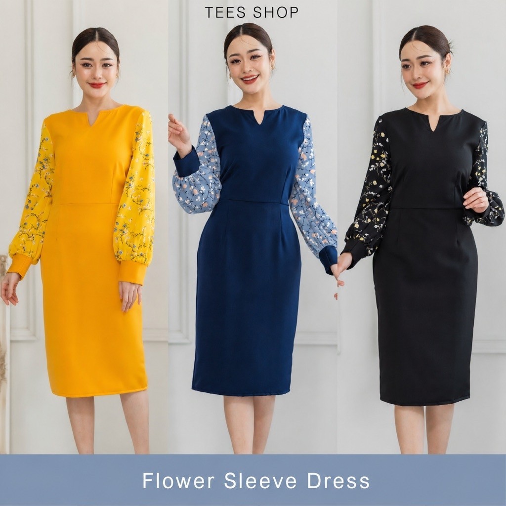 TEESBRAND  ชุดทำงานฮานาโกะ แขนยาวผ้าลายเนื้อดี สีดำ ทรงสอบ คอปีกกา  Women clothing เดรสทำงาน
