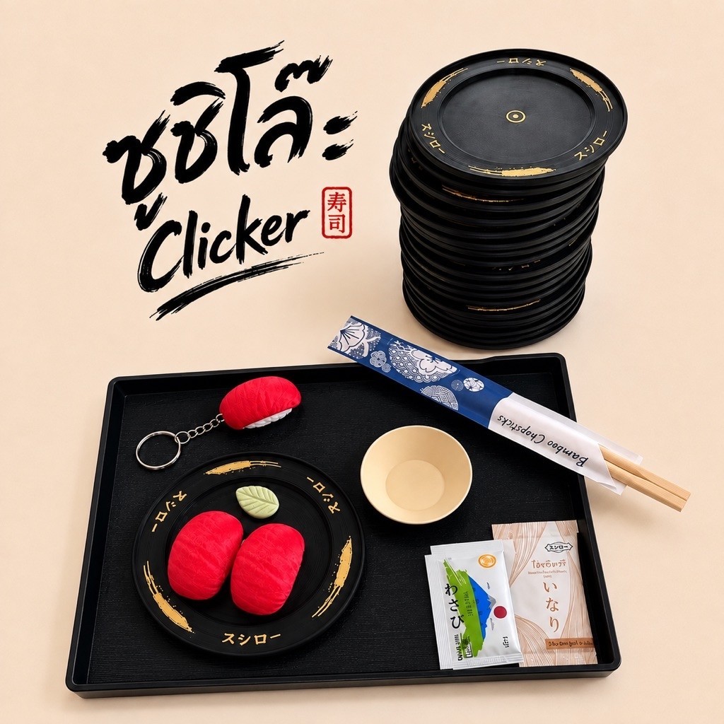 Sushi โล๊ะ Clicker จานดำครบเซ็ท /จานดำ1 / ทูน่า2ชิ้น /วาซาบิใบไม้ 1/ ถ้วยโชยุและซอส/ตะเกียบไม้1คู่