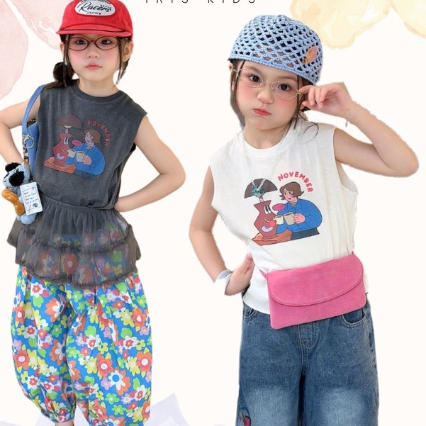 「สินค้าลิขสิทธิ์แท้」IRIS KIDS 26ss IKS260509 Vintage Café Tank เสื้อผ้าเด็ก เสื้อแขนกุดเด็กผู้หญิง ลายการ์ตูนสไตล์วินเทจ