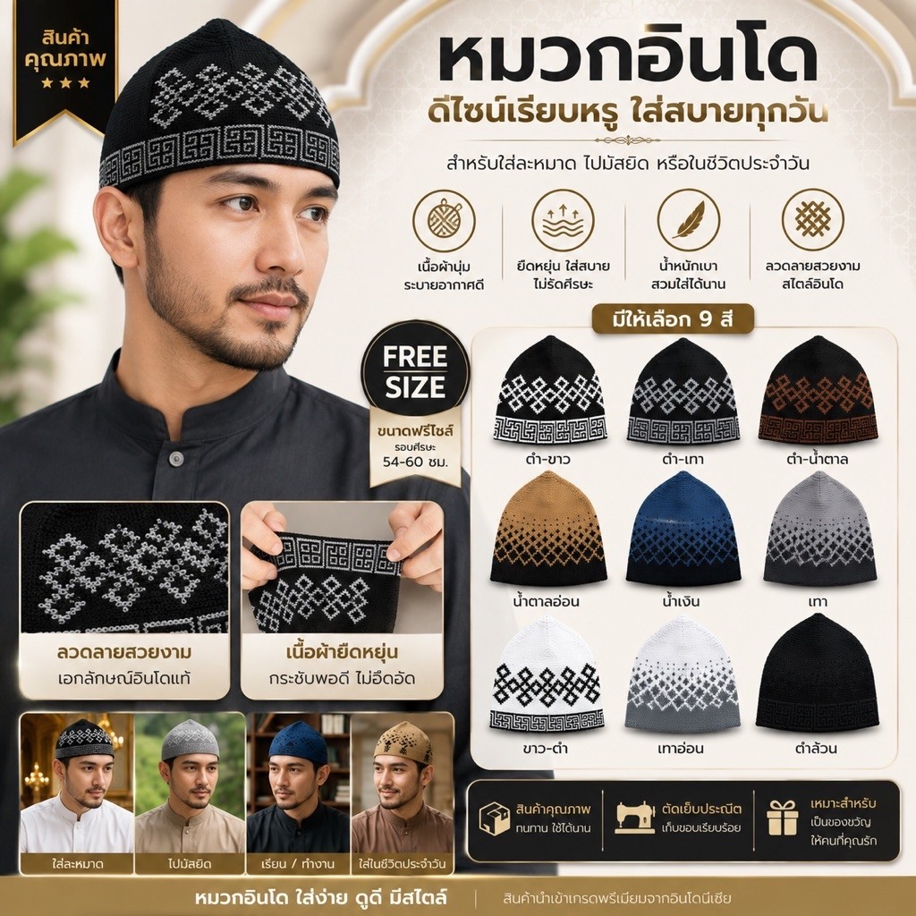 หมวกอินโดยืดได้ ขนาดFREE SIZE ดีไซน์ใหม่เรียบหรู พร้อมลวดลายสวยงาม