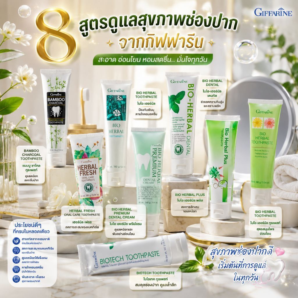 ยาสีฟันกิฟฟารีน ยาสีฟันสูตรสมุนไพรไบโอเฮอร์เบิล Giffarine Toothpaste