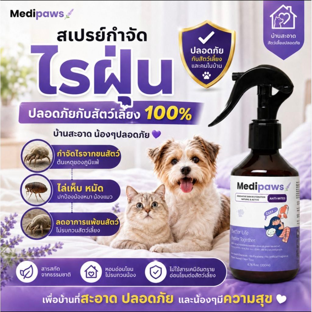 Medipaws สเปรย์กำจัดไรฝุ่น ไรขนสัตว์ ไล่เห็บหมัด สำหรับคนเลี้ยงสัตว์ สูตรออร์แกนิค ปลอดภัยต่อเด็กและสัตว์เลี้ยง