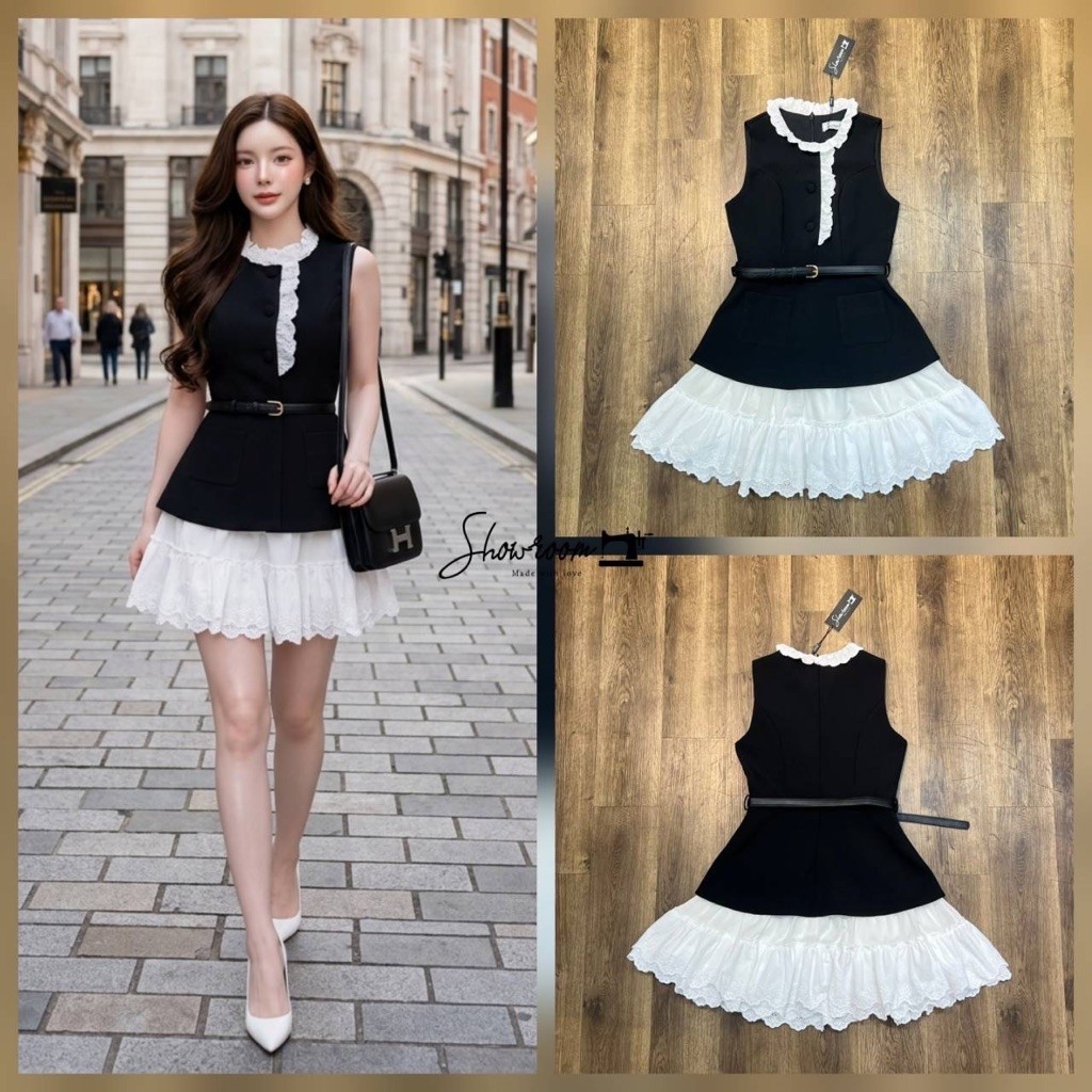 D10 งานป้าย Showroom Dress เดรสสั้น เข็มขัด สำหรับผู้หญิง เสื้อผ้าแฟชั่นผู้หญิง ไซส์ S-XL