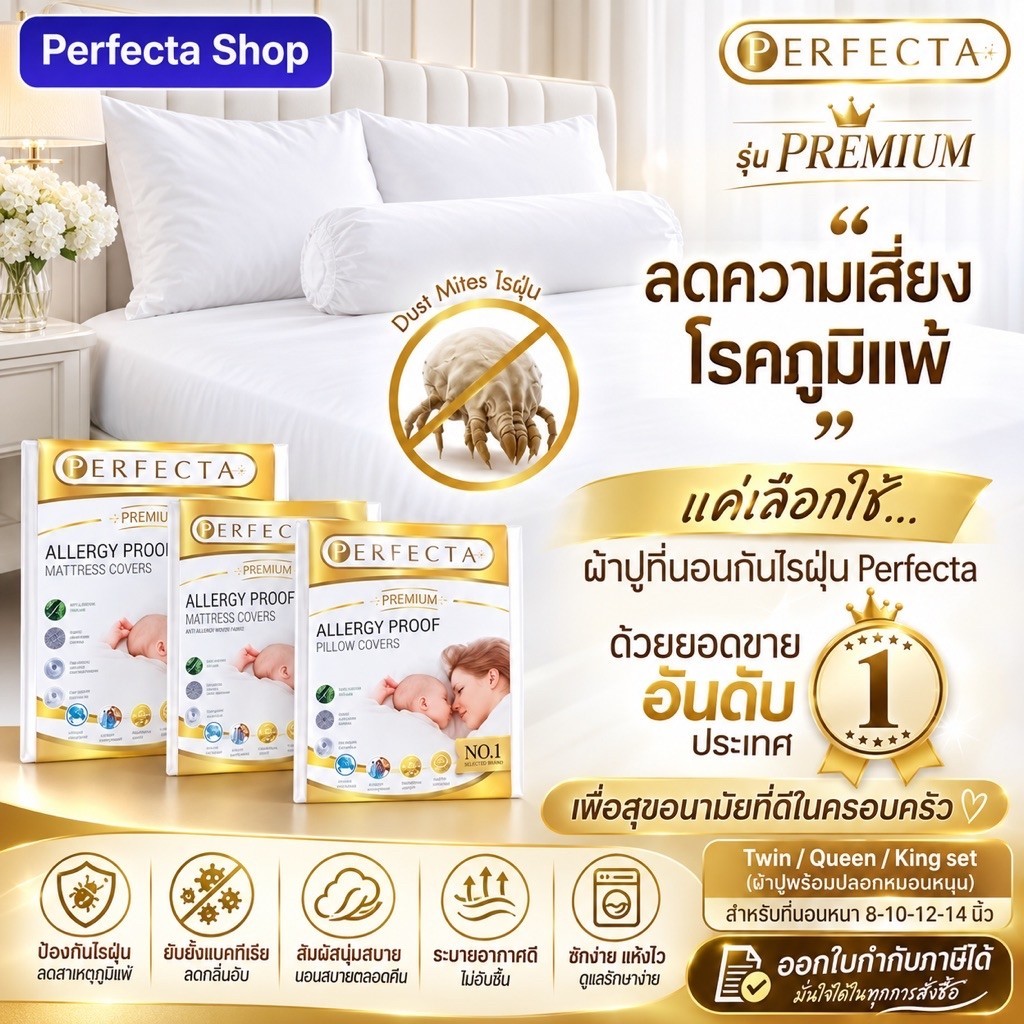 [ขายดี ]Perfectaผ้าปูที่นอนกันไรฝุ่น ป้องกันภูมิแพ้รุ่นPremiumรัดมุมเตียงเดี่ยว เตียงคู่ ฟูกหนา8นิ้ว