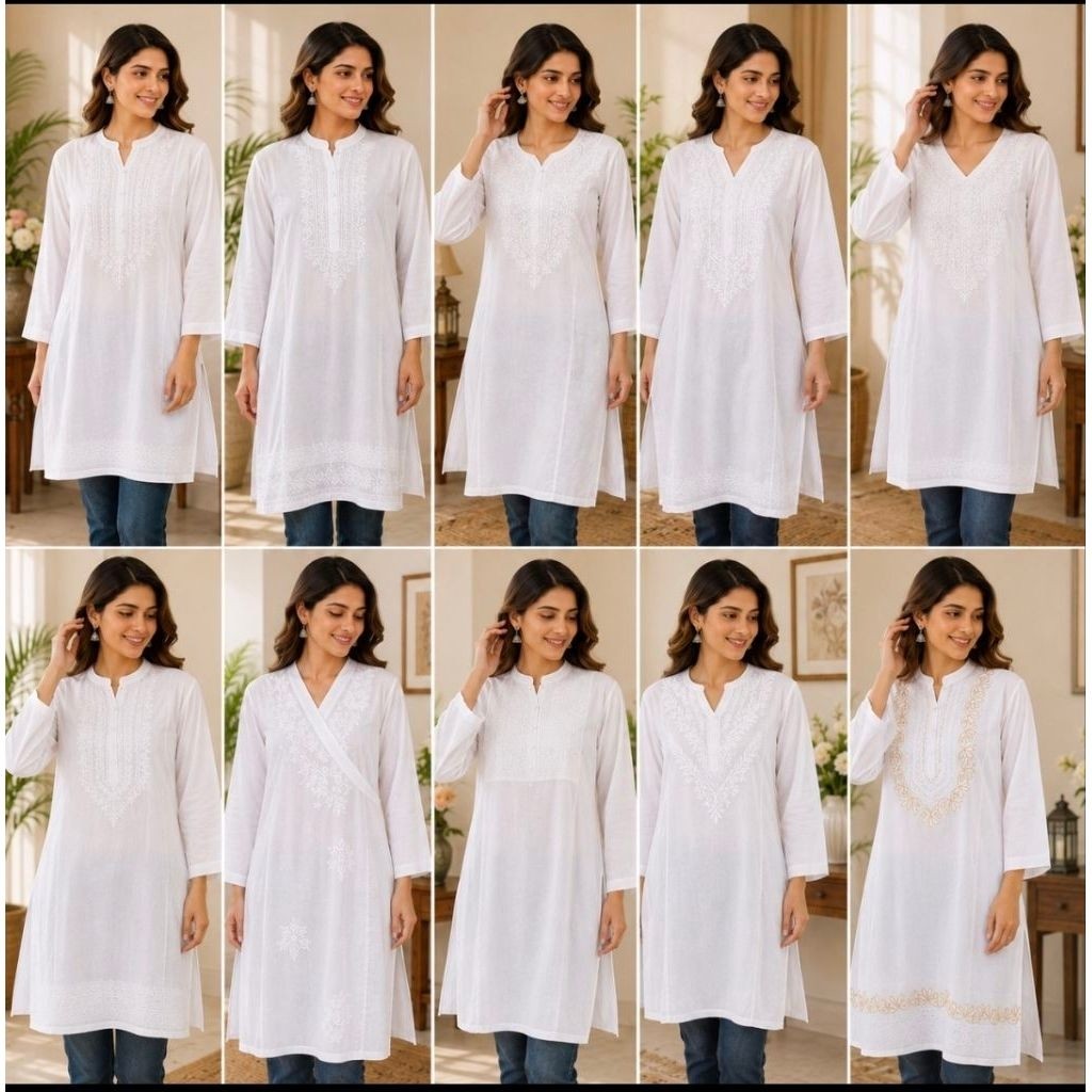 White Embroidered Cotton Kurti for Women – Elegant Indian Ethnic Top, Long Sleeve, Floral Embroidery