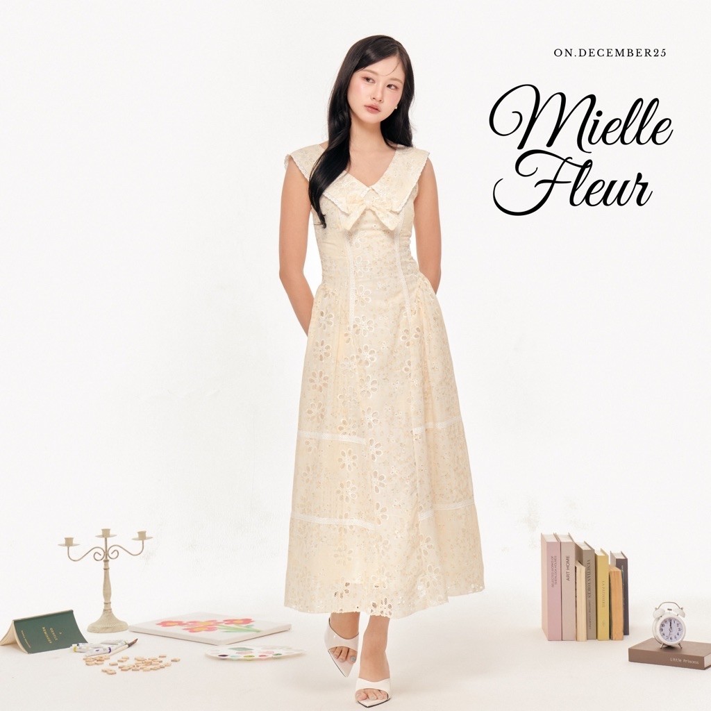 on.december25 เดรส Mielle fleur ผ้าปักดอกไม้โทนสีเหลืองครีมอ่อน