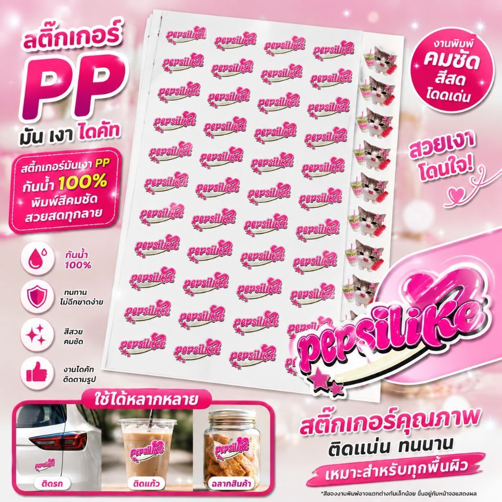 สติ๊กเกอร์ PP เงามัน ไดคัท50% ขนาดA3+ สติ๊กเกอร์ฉลากสินค้า สีสวยคมชัด