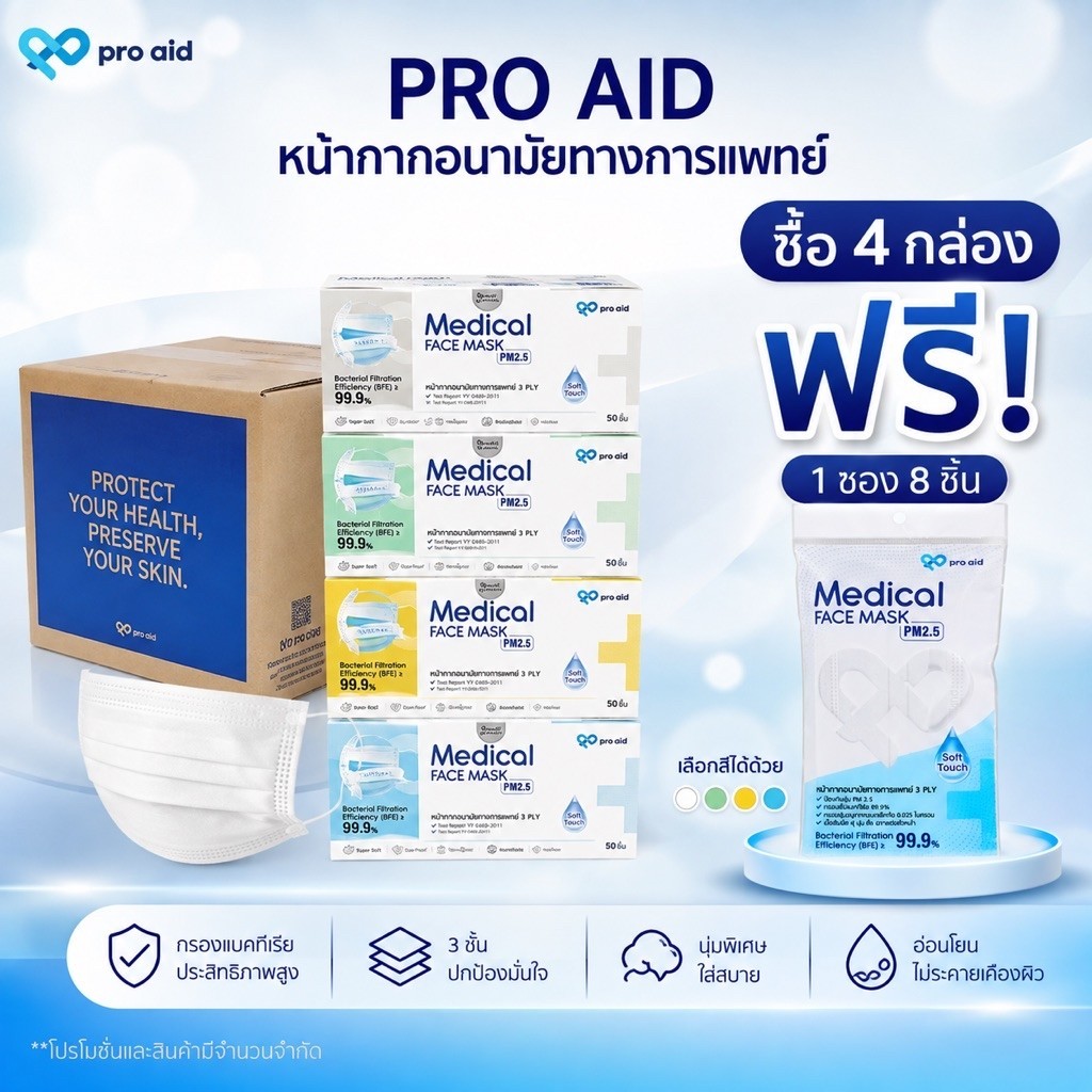 [ซื้อ 4 ฟรี 1] เลือกสีได้ Pro Aid Level 3 หน้ากากอนามัยทางการแพทย์ 3 ชั้น [Soft Touch] 50 ชิ้น นุ่มพิเศษ ถนอมผิวหน้า