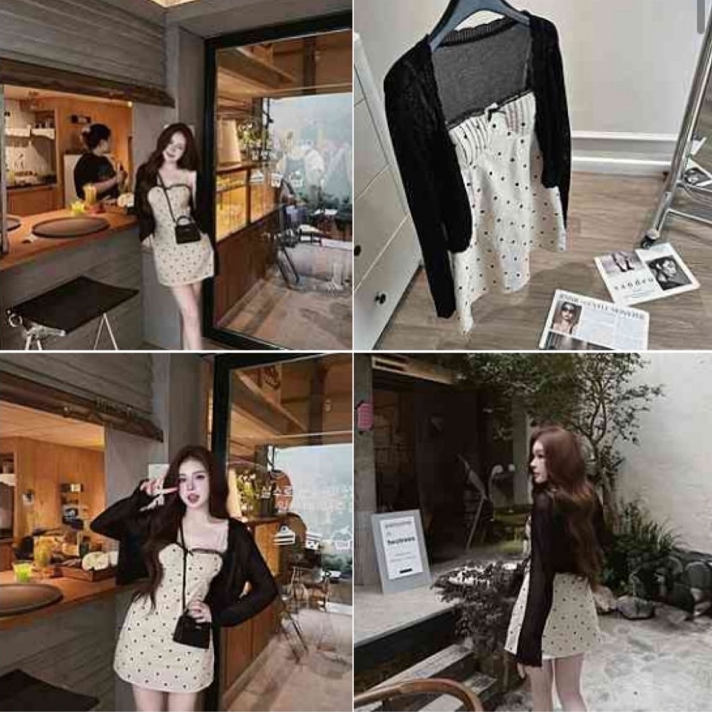 Set2ชิ้น เดรสสายเดี่ยวสีครีมลายจุด+ เสื้อคลุมสีดำเข้าชุด msmade