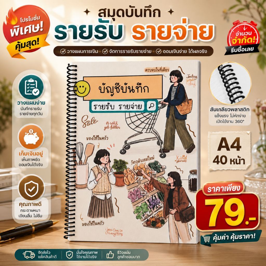 สมุดบันทึกรายรับรายจ่าย สีทั้งเล่ม ขนาด A4 เย็บสันเกลียว สุดคุ้ม 40 หน้า เพิ่มปกพลาสติก กันน้ำ กันรอย ช่องตารางเพิ่มขึ้น
