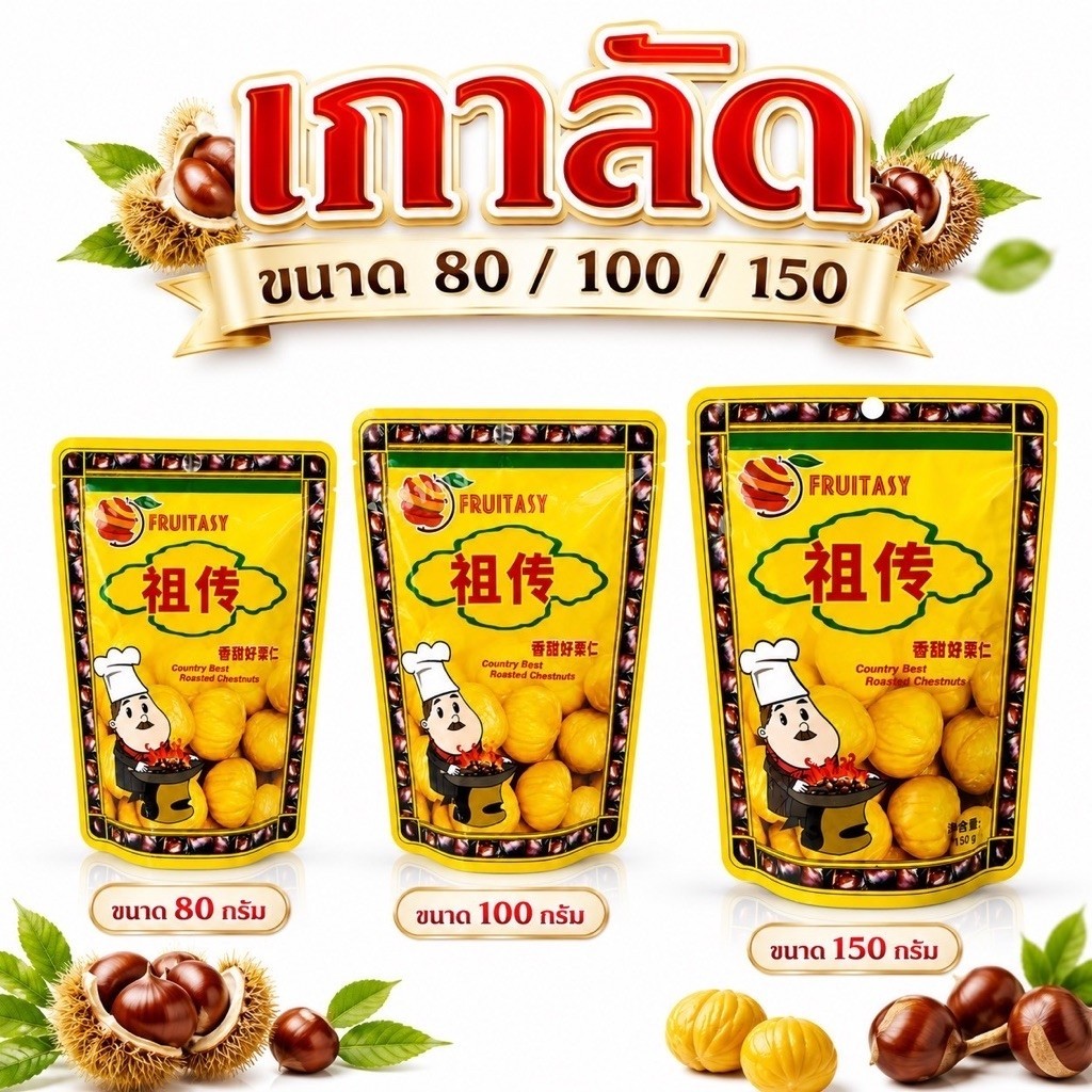 เกาลัด ฟรุ๊ตทาชี่ มีขนาด 80/100/150 กรัม