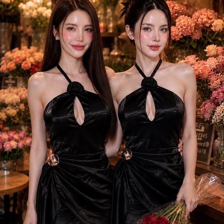 ชุดเดรชสายเดี่ยวPRผ้าไหมเกาหลี