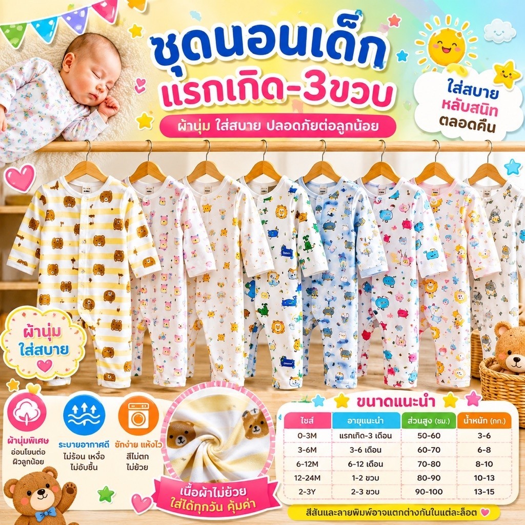 *เซ็ท3ชุด* ชุดนอนแขนยาวขายาว แรกเกิด-9เดือนและ1,2,3ขวบ ชุดนอนกระดุมหน้า ผ้าคอตตอน100%