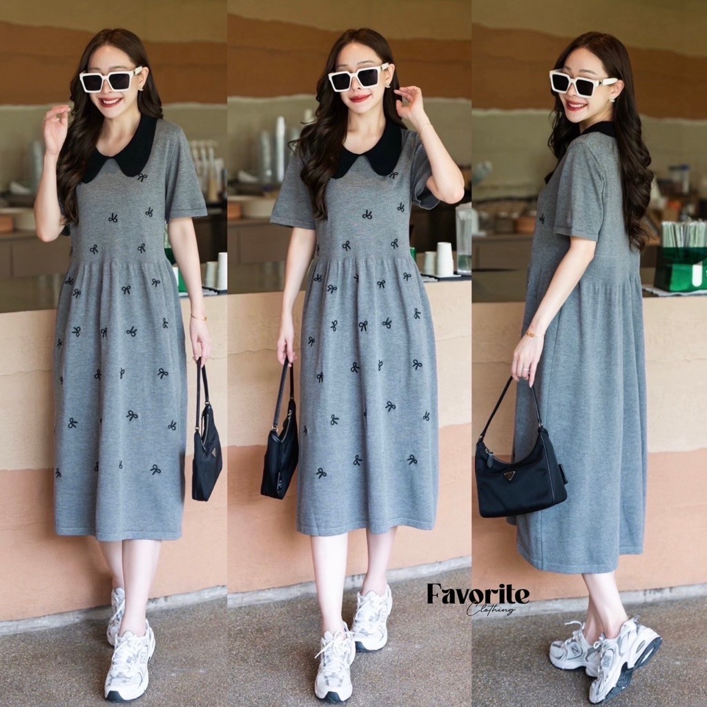 🌈🌿🌺🌸🌼🩶🖤🇰🇷 ✨Knit LT Collar Bow Embroidery Dress