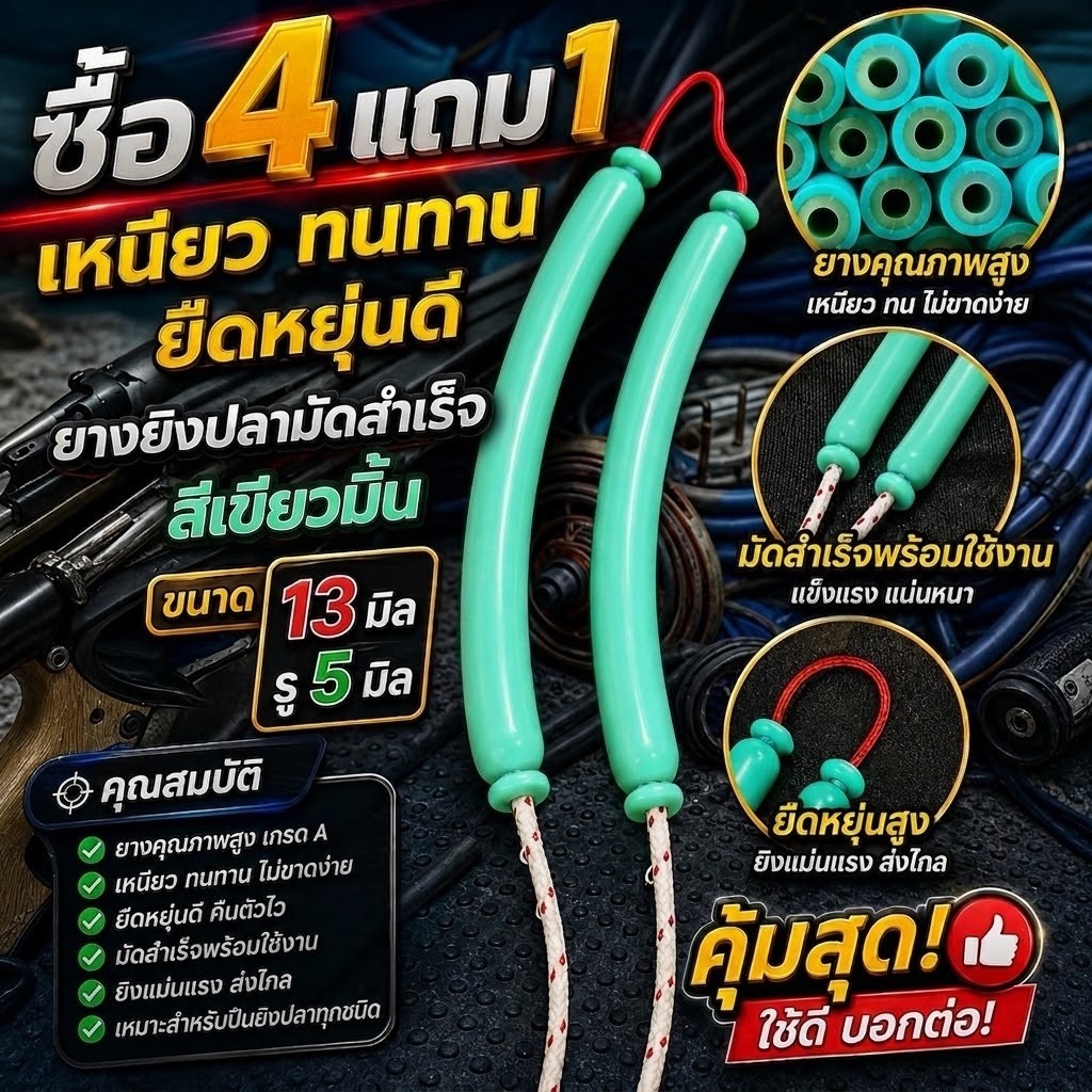 #ยางยิงปลาแท้ผูกสำเร็จ ยางเขียวมิ้นเปลือกหนา ขนาด 13 มิล รู 5 มิล #ลูกค้าเลือกขนาดเองได้ตั้งแต่ 10-25 cm #ยางยิงปลา