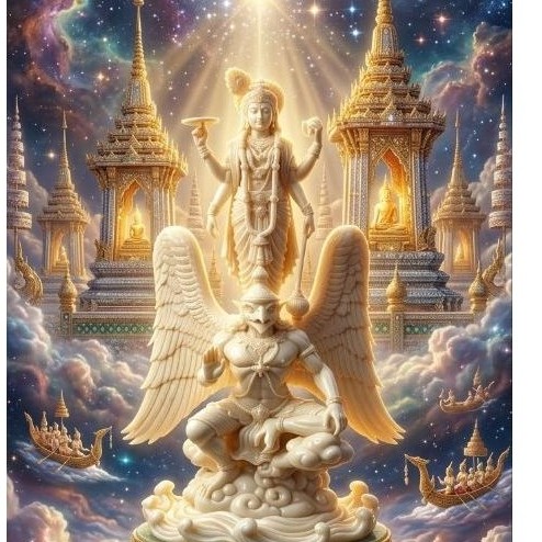 เทวรูปนารายณ์ทรงครุฑ (หรือพระวิษณุประทับบนพญาครุฑ) การคุ้มครองและรักษาโลกน