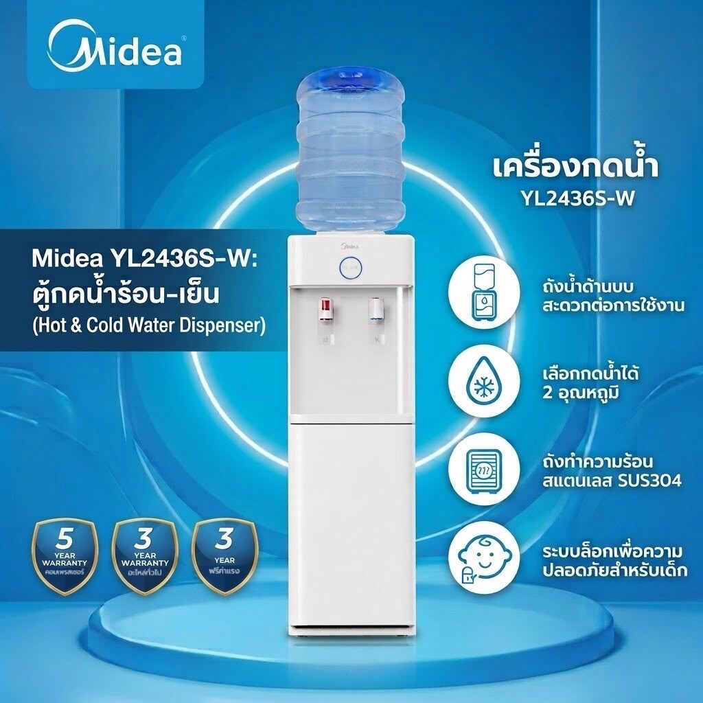 MIDEA ตู้ทำน้ำร้อน-เย็น  2 ก๊อก รุ่น YL2436S-W(แถมฟรี❗️ถังน้ำ)