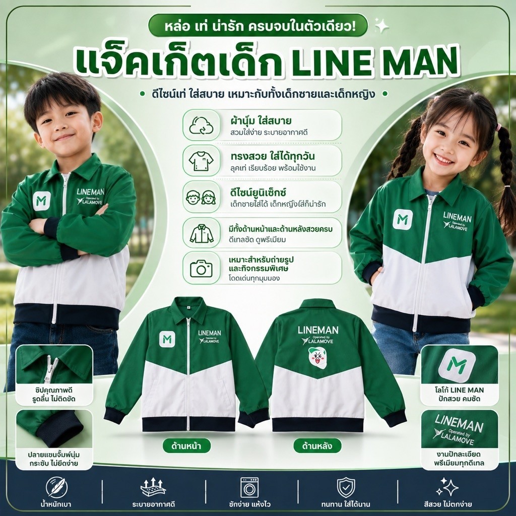 แจ๊คเก็ตพนักงานส่งอาหาร สำหรับเด็ก ไลน์แมน แจ๊คเก็ตกันหนาวเด็ก LINE MAN