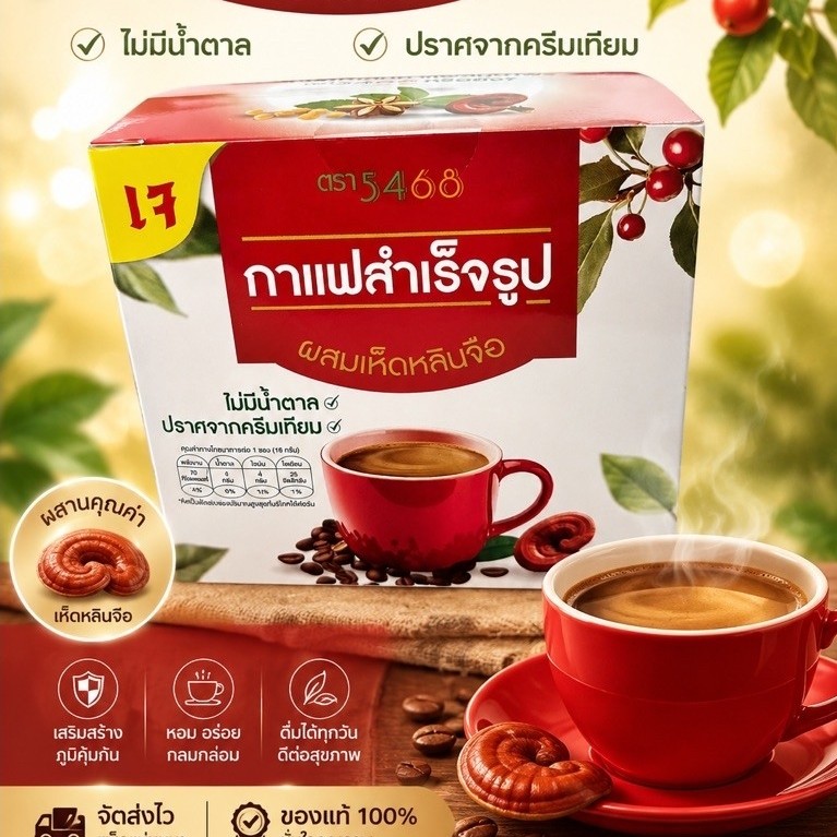 กาแฟสำเร็จรูปผสมเห็ดหลินจือปราศจากน้ำตาลเเละครีมเทียม