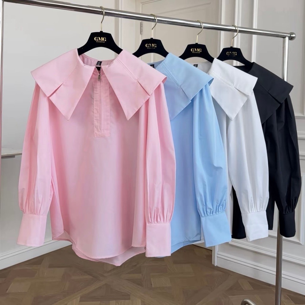 พร้อมส่ง (GMG62) เสื้อ Oversize ผ้าคอตตอน ดีไซน์คอปกโบว์ใหญ่ แขนยาวทรงพอง เนื้อนุ่มใส่สบาย ทรงมินิมอล
