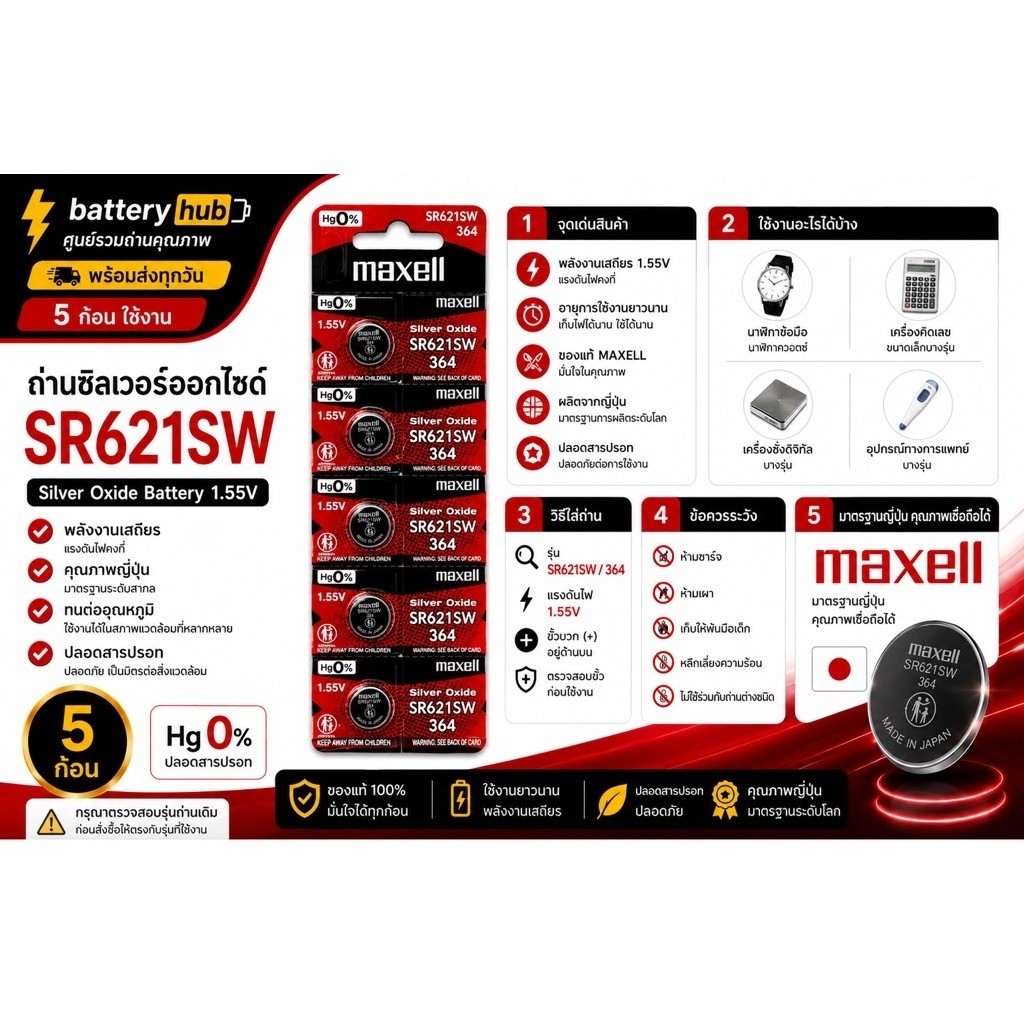 Maxell SR621SW 364 Silver Oxide Battery 1.55V ถ่านนาฬิกา ของแท้ญี่ปุ่น 5 ก้อน/แผง