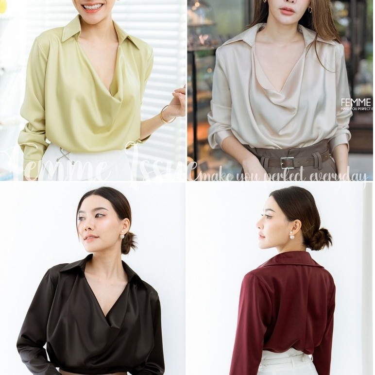 FEMME ISSUE TOP เสื้อปกเชิ้ตคอถ่วงซาตินแขนยาว สไตล์ทำงาน ฟรีไซส์ สินค้าขายดี
