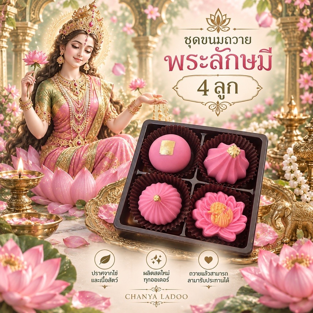 ขนมถวายพระลักษมี 4 ลูก ขนาด 40 กรัม | ลาดู โมทกะ ขนมมงคล ของไหว้ ของถวายพระลักษมี