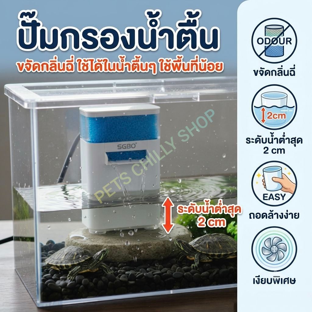 กรองน้ำตื้น ฟองน้ำ 2 ชั้น Low water filter สำหรับเต่า สัตว์ครึ่งบก-น้ำ