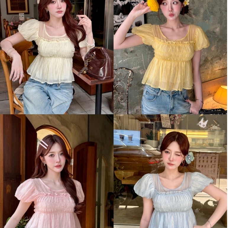 maymuseเสื้อคอกลมแขนจั๊มแต่งอกระบายสม็อคตัว ป้ายnanny