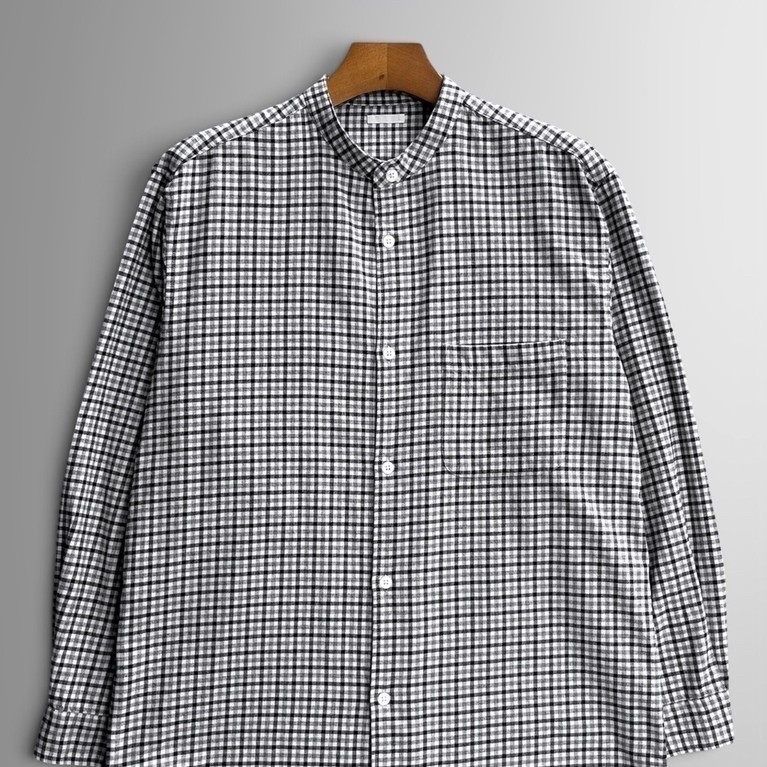 Gu เสื้อเชิ้ตมือสอง แขนยาว คอจีน ลายตาราง