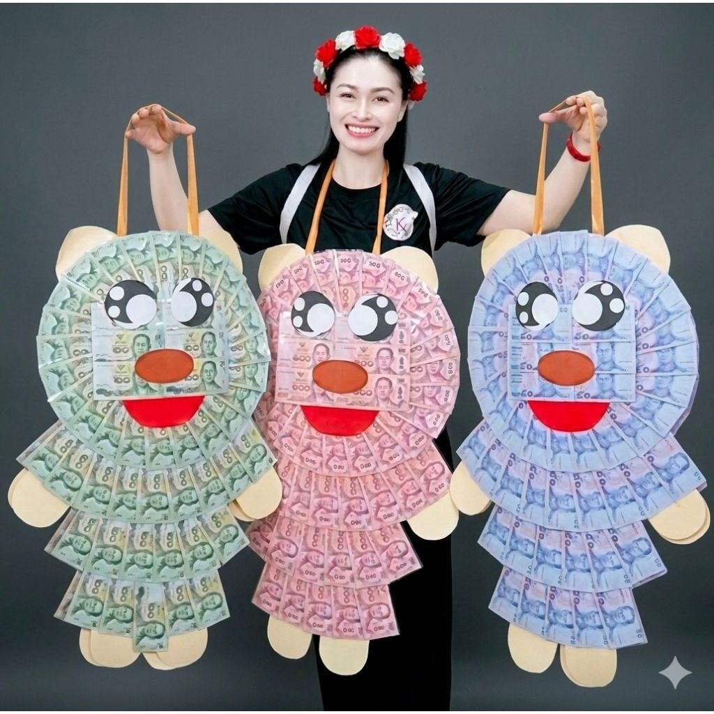 น้องแฮปปี้50ใบ พวงมาลัยซองเปล่ารูปตุ๊กตา สินค้านำไปใส่ธนบัตรเองได้ง่ายๆที่บ้าน มีอุปกรณ์ให้ มีการ์ดอวยพรให้ :น้องแฮปปี้