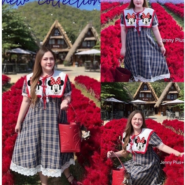 Flower Red Dress 𓍯 ~ เดรสยาวลายสก็อต ผ้าทอสีสวยเริ่ดสุดๆ ปกพิมพ์ลายการ์ตูน2ข้างงานป้ายเจนนี่