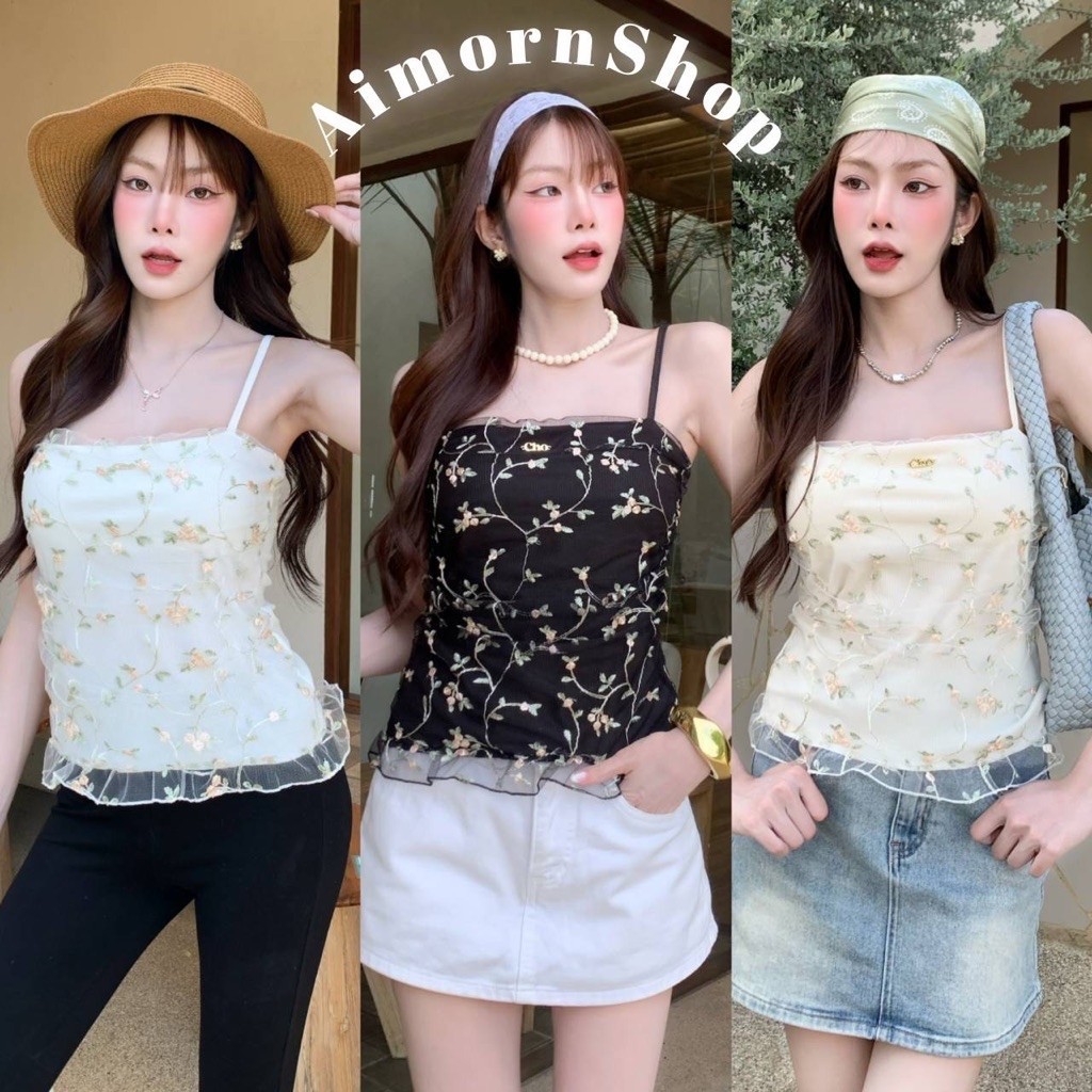 🔥aimorn_shop🔥เสื้อสายเดี่ยว แต่งผ้ามุ้ง ลายดอกไม้ สวยหรู คุณหนูสุดๆ