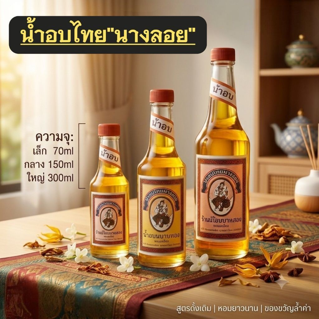 น้ำอบไทย ตรานางลอย  บรรจุขวดแก้ว(1 ขวด) เล็ก 70 cc กลาง 120 cc ใหญ่ 300 cc