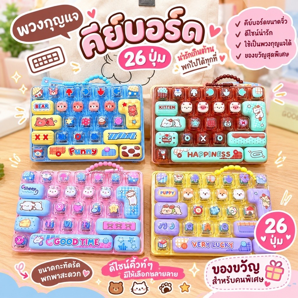 พร้อมส่ง🇹🇭 พวงกุญแจคีย์บอร์ด 26 ปุ่ม ลายการ์ตูนน่ารัก ของเล่นปุ่มกดคลายเครียด พวงกุญแจของเล่น ของฝาก ของขวัญวันเกิด