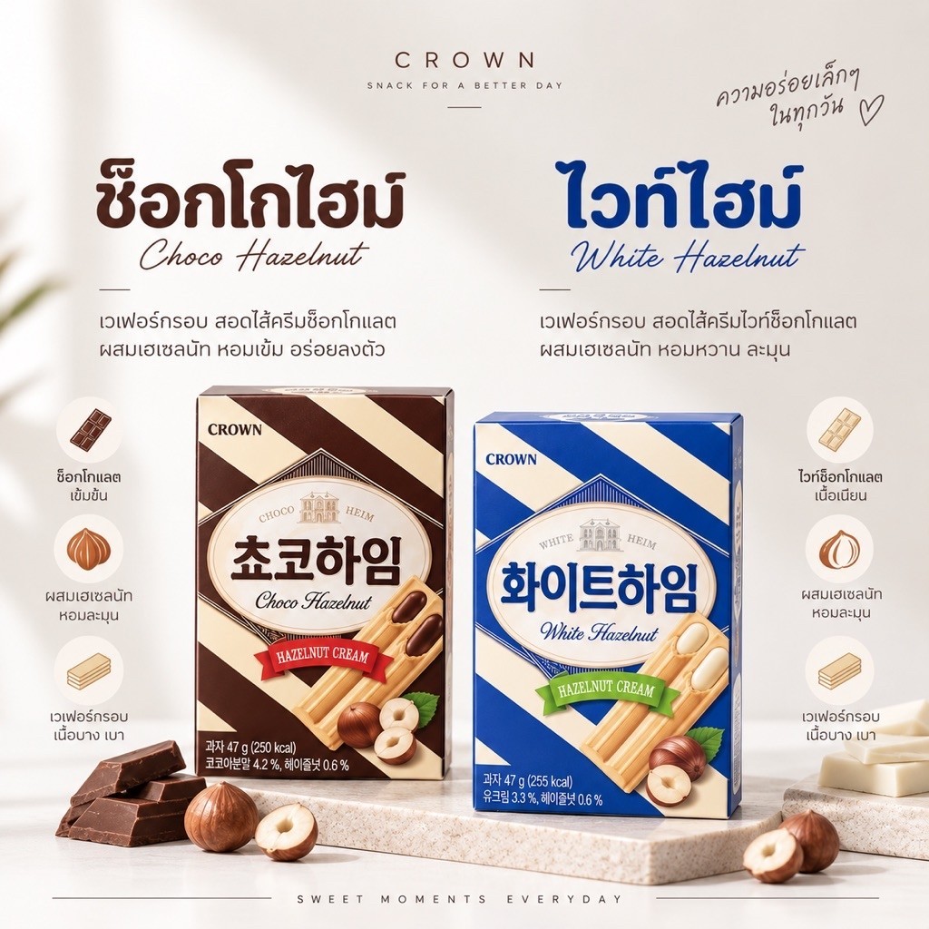 [EXP.02.2027 1 กล่อง 3 ซอง] Crown Choco Heim Choco Hazelnut 47g เวเฟอร์ช็อคโกเฮเซลนัท