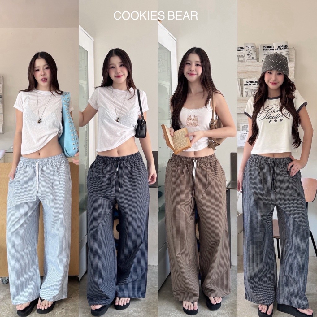กางเกงขายาวเอวสูง กระบอกใหญ่ผ้าพริ้วใส่สบาย ลายริ้วซัมเมอร์