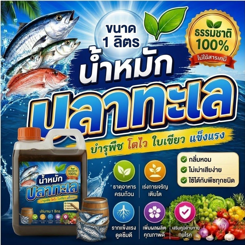 ​น้ำหมักปลาทะเล 1 ลิตร ปุ๋ยน้ำชีวภาพ ปุ๋ยอินทรีย์ เร่งราก เร่งใบ เร่งโต เพิ่มธาตุอาหาร NPK ปรับปรุงดิน ปลูกผัก