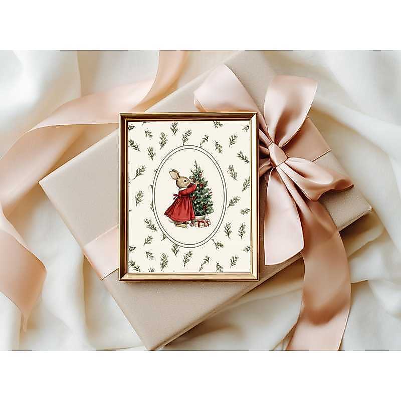กระต่ายต้นคริสต์มาสเนอสเซอรี่ Wall Art โปสเตอร์ผ้าใบพิมพ์ Farmhouse ตกแต่งห้องเด็กสีแดงและสีเขียวตกแต่งเทศกาล