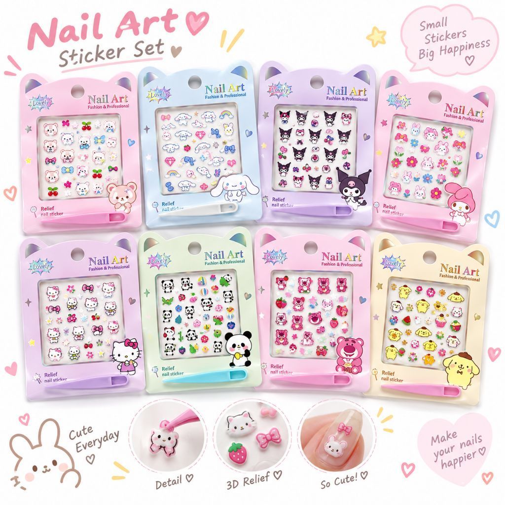 L135 สติกเกอร์ติดเล็บลายการ์ตูนแบบนูน+ที่คีบ สุ่มลาย พร้อมส่งจากไทย