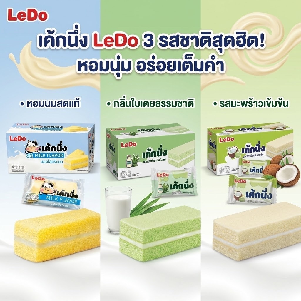 1 กล่อง (12ชิ้น) Ledo เค้กนึ่ง เลเยอร์เค้ก สอดไส้ครีมนม และครีมกลิ่นใบเตย 30 กรัม/ซอง