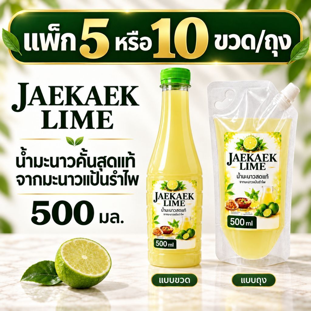 เจ๊แขกไลม์ | น้ำมะนาวคั้นสดแท้จากมะนาวแป้นรำไพ เพชรบุรี | ขนาด 500 มล. | 5 หรือ 10 ขวด/ถุง | เลือกถุงฝาเกลียวหรือขวดได้