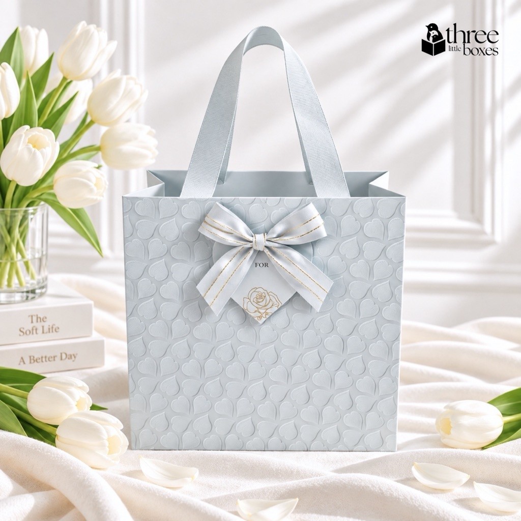 ถุงกระดาษ ลายหัวใจ Just for you ขนาด24x24x10cm. ปั้มนูน ฟอยล์rose gold หูริบบิ้นซ่อนปลาย ถุงใส่ของรับไหว้ รูปที่ 8