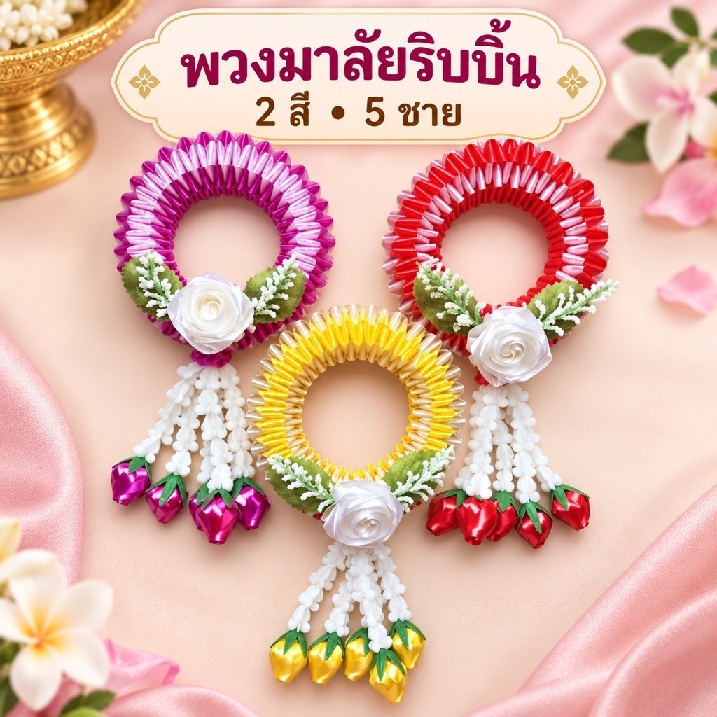 [ P5 ] พร้อมส่ง❗️พวงมาลัยริบบิ้น 2 สี 5 ชาย ดอกกุหลาบริบบิ้น 🌼 สำหรับถวายพระ / วันพ่อ / วันแม่ ยาว 10" ผ่าศูนย์กลาง 5.5"