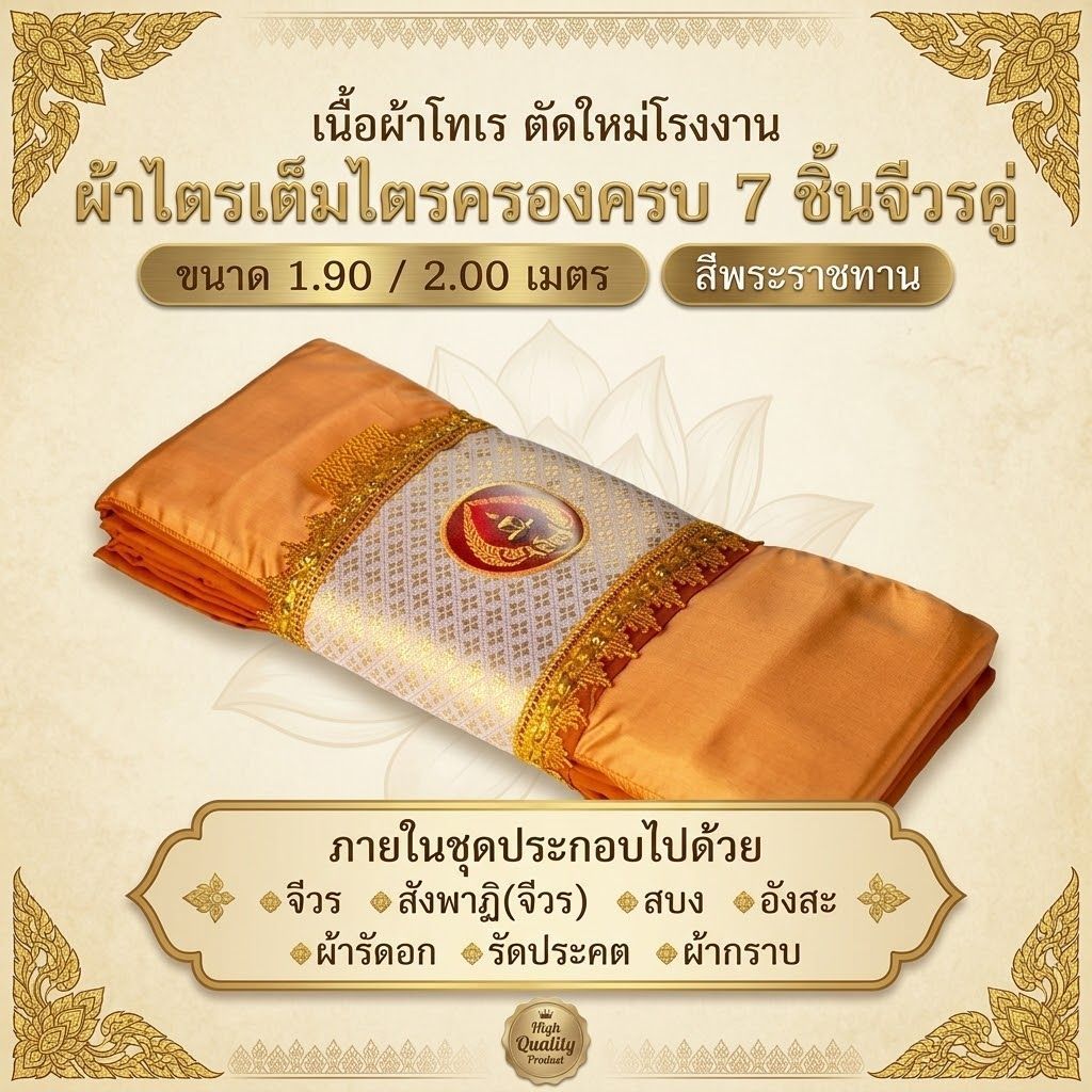 ผ้าไตรเต็มไตรครองเนื้อผ้าโทเรตัดใหม่จากโรงงานหุ้มด้วยผ้าไทยสวยงามขนาด1.9-2.0เมตรครบ7ชิ้น(เป็นจีวรคู่)
