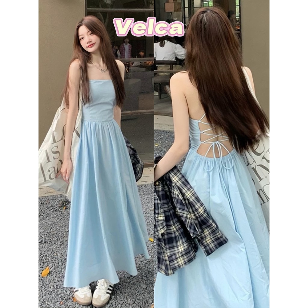 ส่งไวจากไทย สีพื้น สไตล์หรูหรา เดรสออกงานสายเดี่ยว เปิดหลัง ชุดเดรสผู้หญิง ผูกเชือกด้านหน้า ด้านหลัง